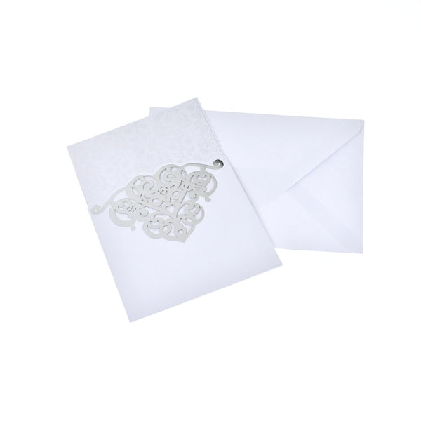 Rectangular Laser Cut Heart Design with Lace Pattern Invitation, 7-1/4-Inch, White