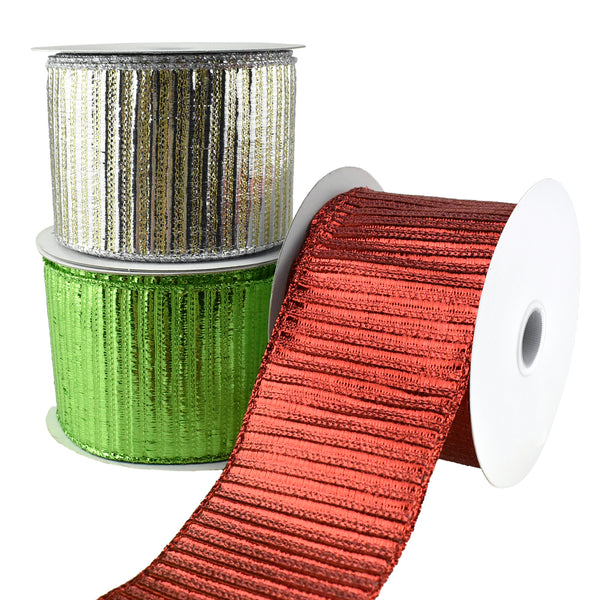 Christmas Shiny Metallic Woven Stripes Wired Ribbon, 2-1/2-Inch, 10-Yard