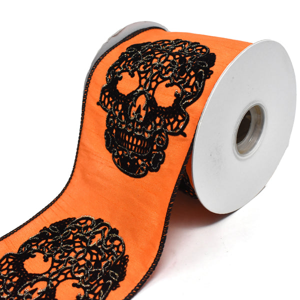 Glittered Lace Skulls Ribbon, Orange, 4-Inch, 10-Yard