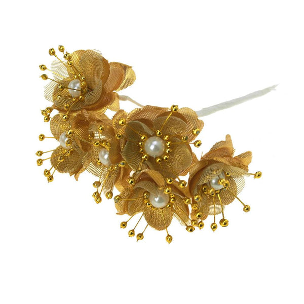 Satin Pearl Flowers Branch, 1-1/2-Inch, 12-Piece, Gold