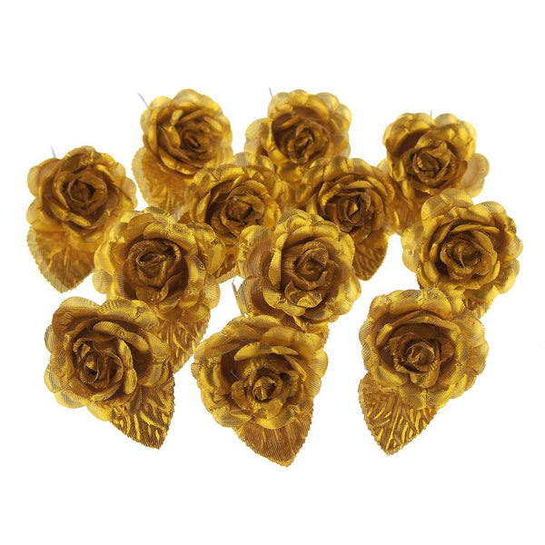 Single Satin Rose Flowers, 2-Inch, 12-Piece, Gold