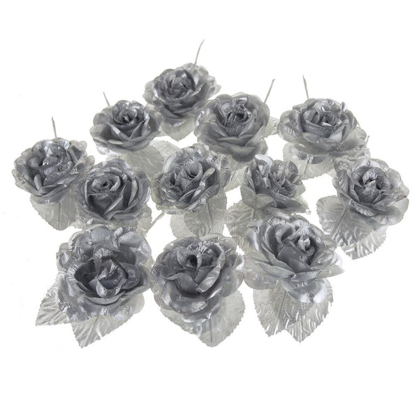 Single Satin Rose Flowers, 2-Inch, 12-Piece, Silver