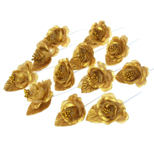 Single Satin Rose Beaded Flowers, 12-Piece, Gold