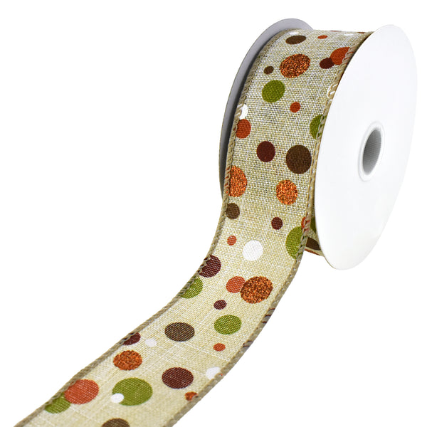 Autumn Dots Faux Linen Wired Ribbon, 1-1/2-Inch, 10-Yard