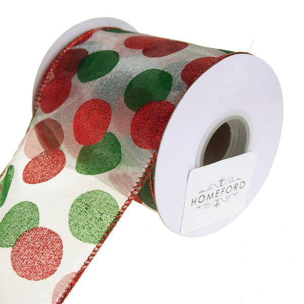 Glitter Dot Sheer Wired Holiday Christmas Ribbon, Red/Green, 4-Inch, 10 Yards