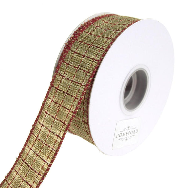 Augie Checkered Linen Saddle Stitch Wired Holiday Ribbon, Cream/Red, 1-1/2-Inch, 20 Yards