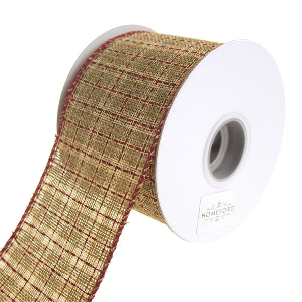 Augie Checkered Linen Saddle Stitch Wired Holiday Ribbon, Cream/Red, 2-1/2-Inch, 10 Yards