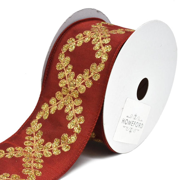 Glitter Filigree Crest Scroll Dupioni Wired Christmas Ribbon, Scarlet, 2-1/2-Inch, 10-Yard