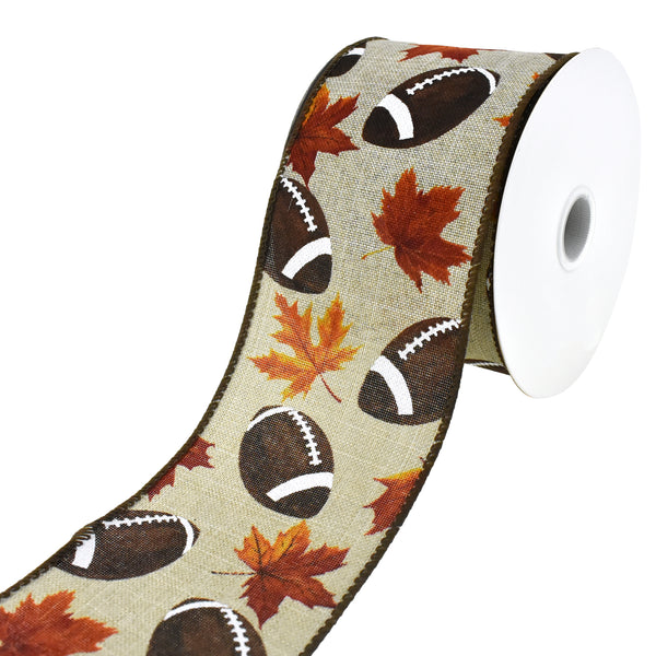 Autumn Leaves and Footballs Wired Ribbon, 2-1/2-Inch, 10-Yard
