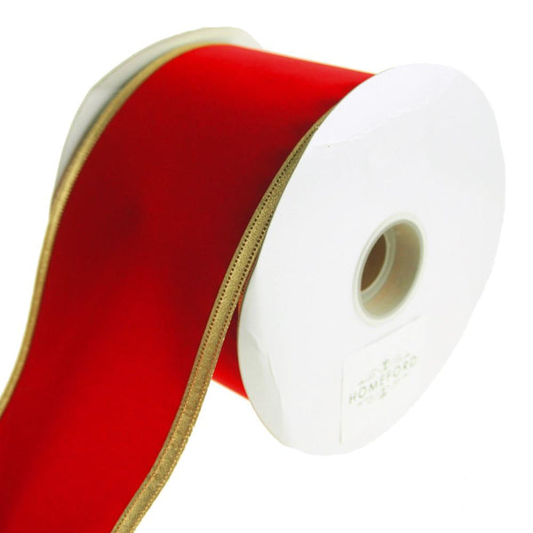 Velvet Dynasty Gold Trim Wired Christmas Holiday Ribbon, Red, 4-Inch, 20 Yards