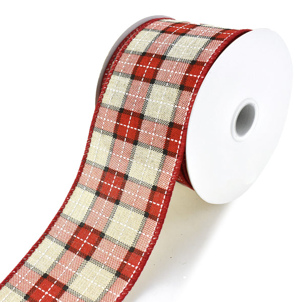 Stitched Plaid Wired Edge Christmas Ribbon, Red/Natural, 2-1/2-Inch, 10-Yard