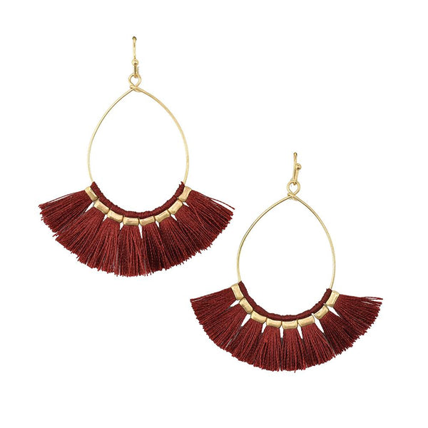 Fan Tear Drop Dangle Earrings, Burgundy, 2-Inch