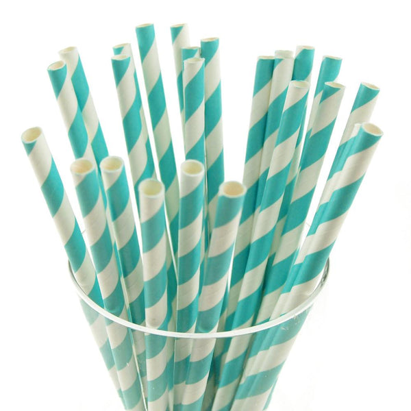 Candy Striped Paper Straws, 7-3/4-inch, 25-Piece, Aqua/White