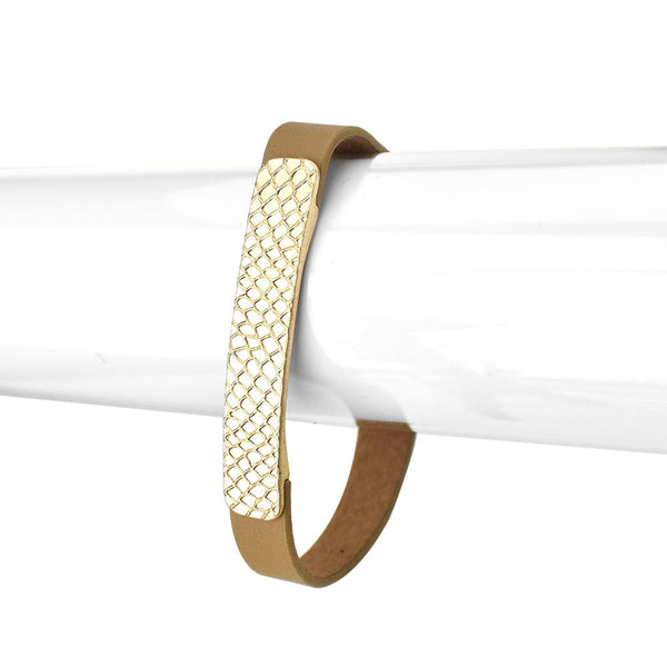 Leather Bracelet with Snake Skin Metal, Tan, 6-1/2-Inch