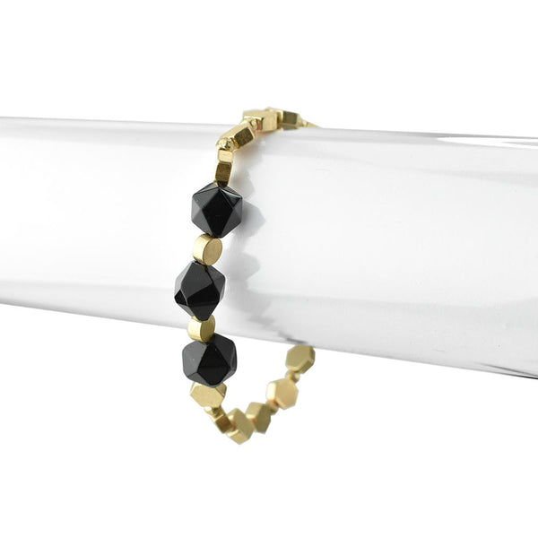 Natural Stone with Metal Bead Stretch Bracelet, Jet