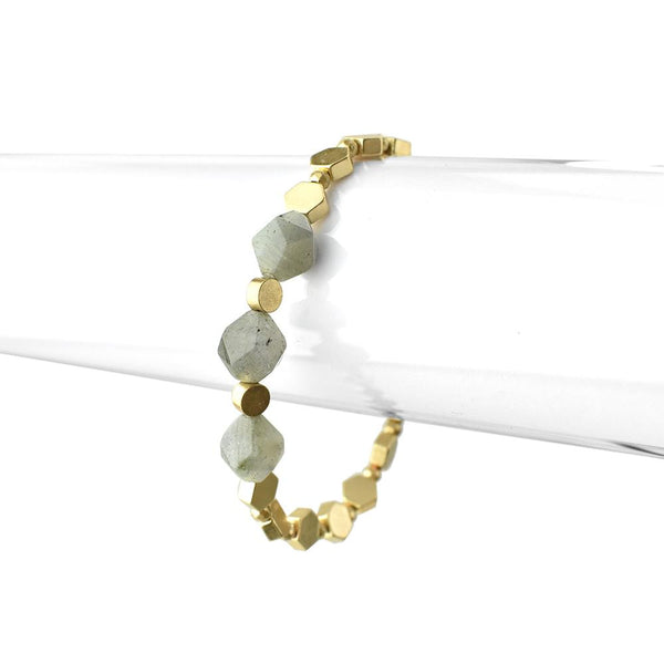 Natural Stone with Metal Bead Stretch Bracelet, Labradorite