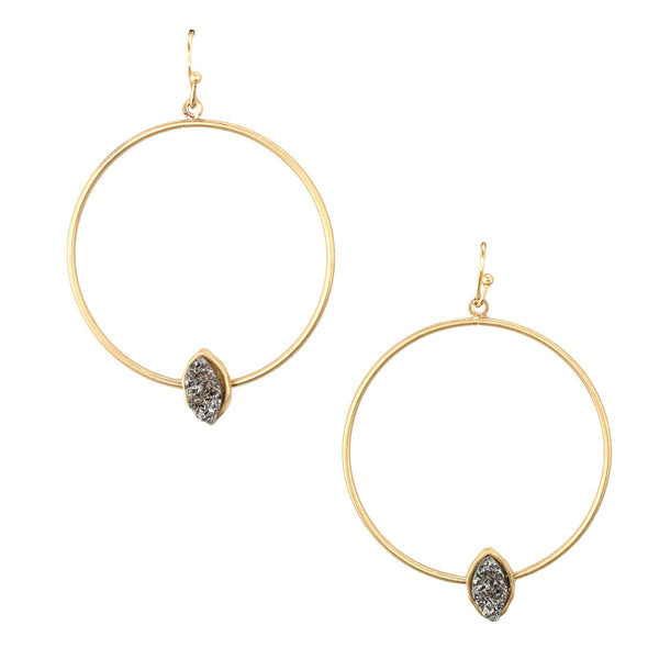 Hoop Earrings with Druzy Stone, Hematite,1-3/4-Inch