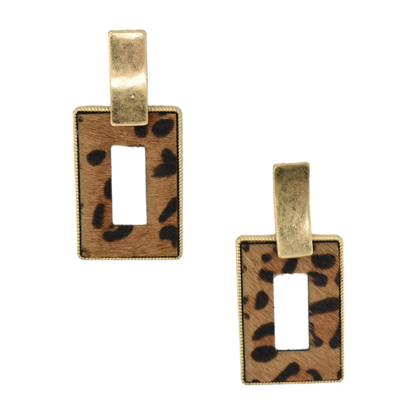 Rectangular Real Calf Hair Leather Drop Earrings, Brown, 2-1/4-Inch