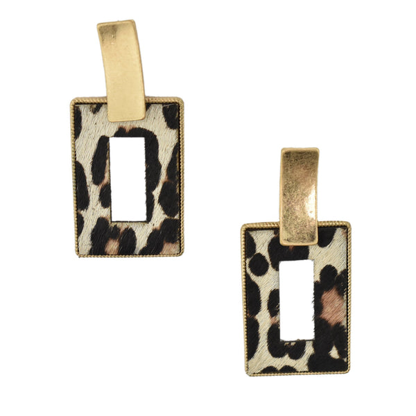 Rectangular Real Calf Hair Leather Drop Earrings, Ivory, 2-1/4-Inch