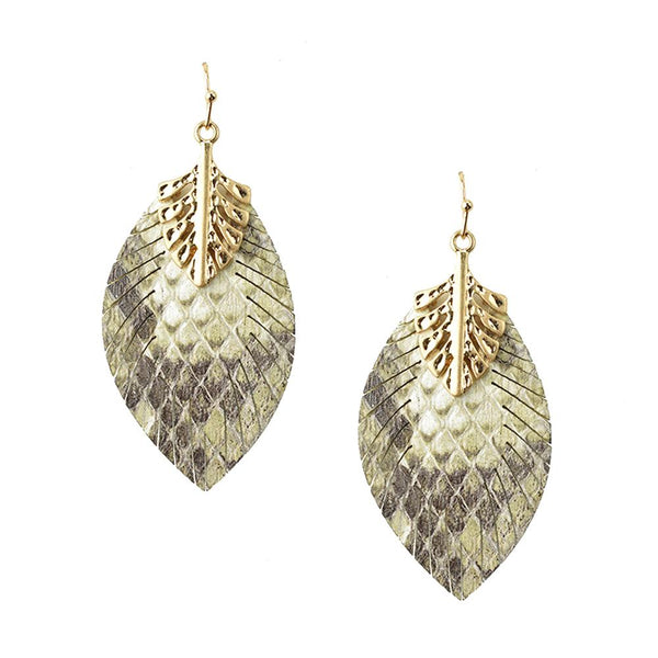 Leather Leaf Shaped Drop Earrings, Snake Skin, 2-1/4-Inch