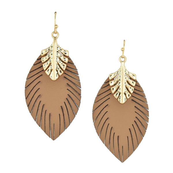 Leather Leaf Shaped Drop Earrings, Tan, 2-1/4-Inch