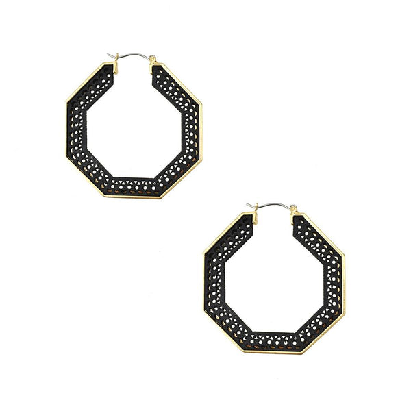Metal Filigree Leather Hoop Earrings, 2-Inch, Jet