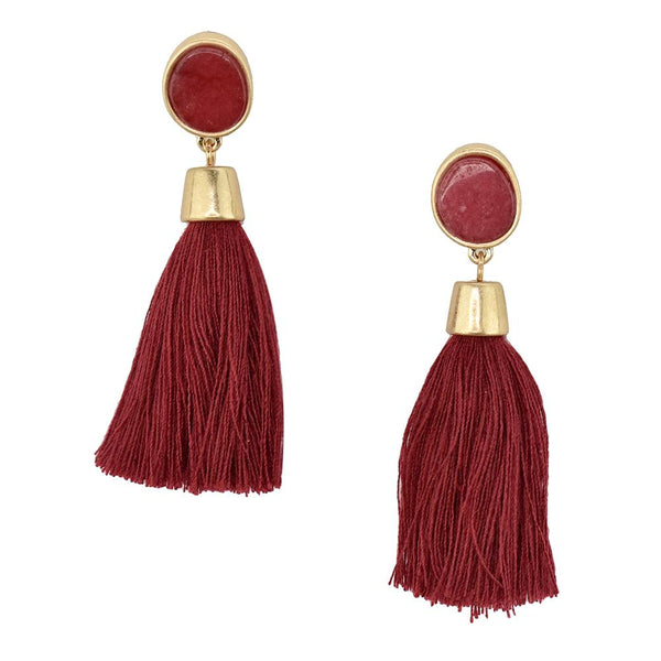 Hanging Tassel with Stone Post Earrings, 2-1/4-Inch, Burgundy