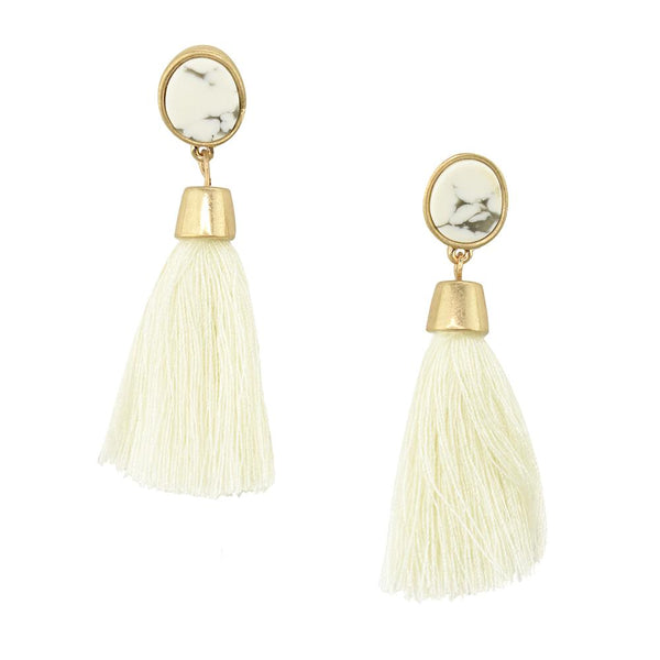 Hanging Tassel with Stone Post Earrings, 2-1/4-Inch, Ivory
