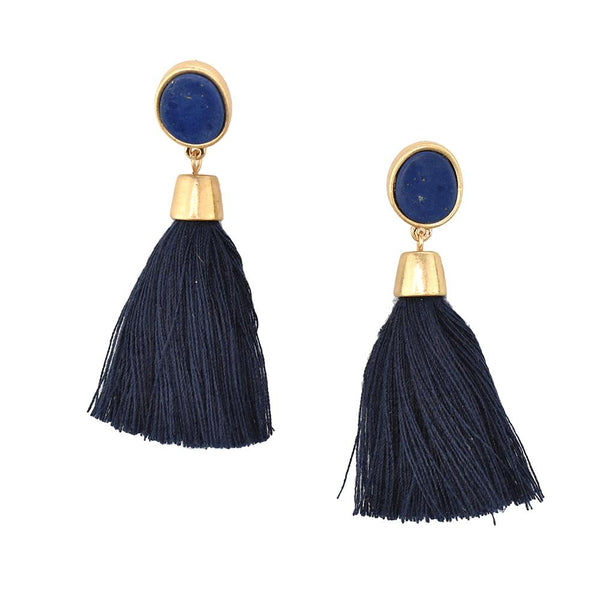 Hanging Tassel with Stone Post Earrings, 2-1/4-Inch, Navy
