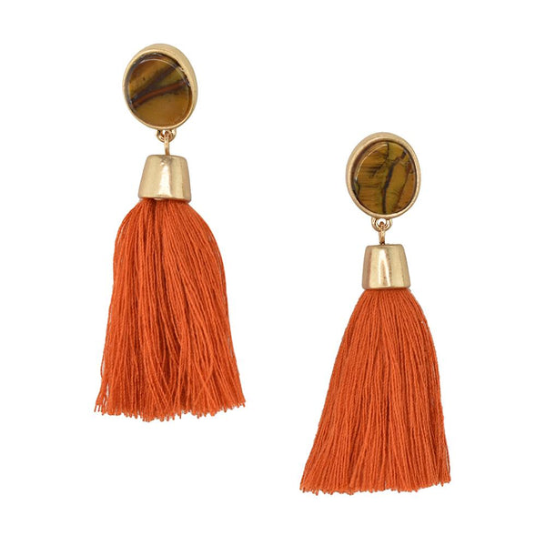 Hanging Tassel with Stone Post Earrings, 2-1/4-Inch, Rust