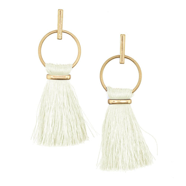 Round Hoop Hanging Tassel Earrings, 3-Inch, Ivory