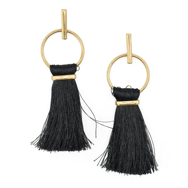 Round Hoop Hanging Tassel Earrings, 3-Inch, Black