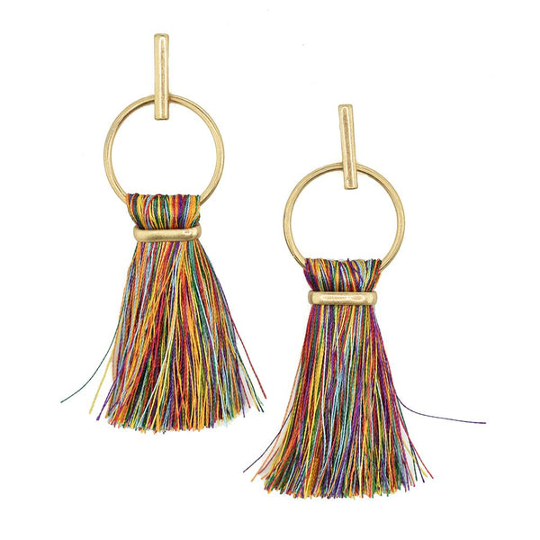 Round Hoop Hanging Tassel Earrings, 3-Inch, Multicolor