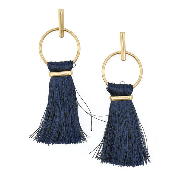 Round Hoop Hanging Tassel Earrings, 3-Inch, Navy