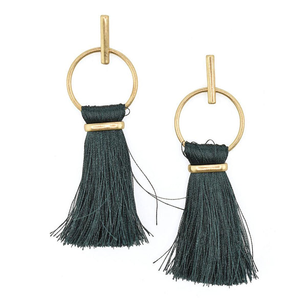Round Hoop Hanging Tassel Earrings, 3-Inch, Teal