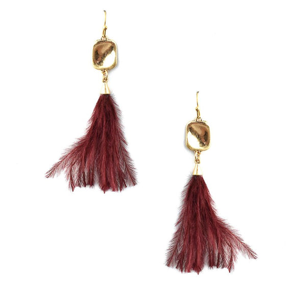 Feather Tassel Drop Earrings, Burgundy, 2-Inch