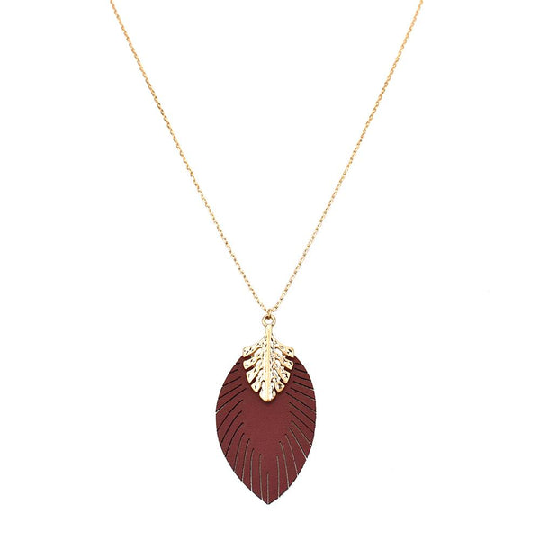 Leather Leaf Shaped Pendant Necklace, Burgundy, 30-Inch