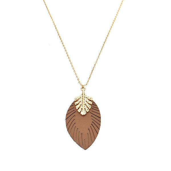 Leather Leaf Shaped Pendant Necklace, Tan, 30-Inch