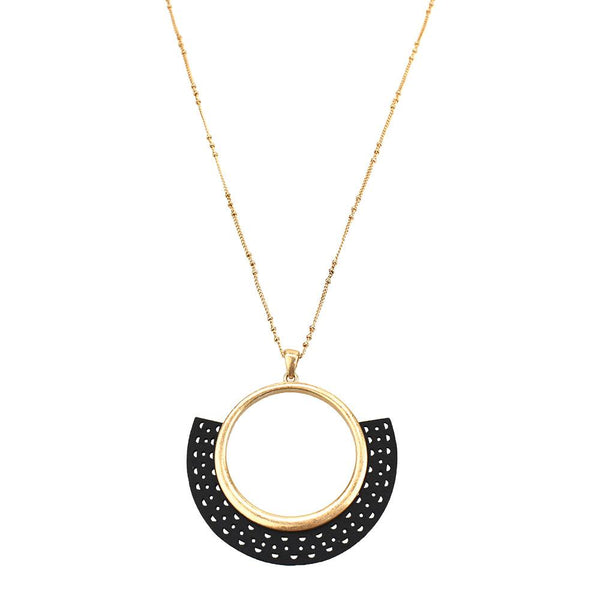 Leather Filigree Fan Shaped Pendant Necklace, 30-Inch