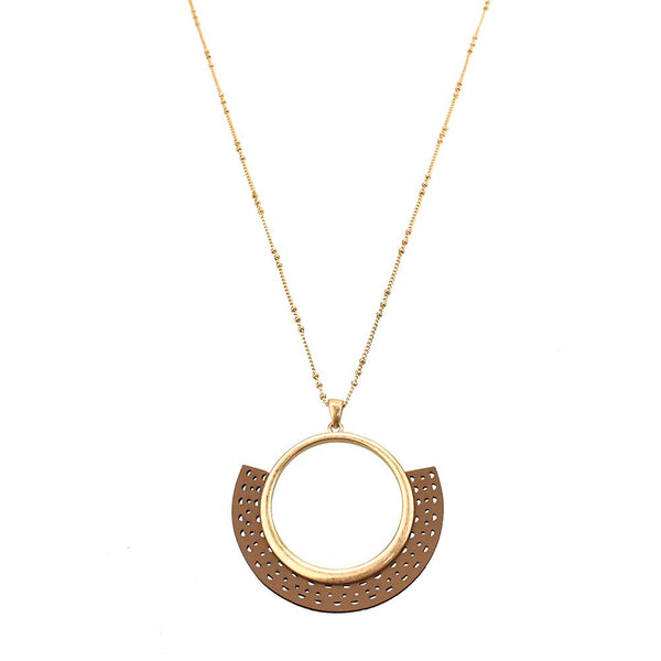 Leather Filigree Fan Shaped Pendant Necklace, Tan, 30-Inch