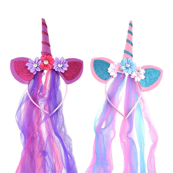 Unicorn Party Headbands with Chiffon Accent, Assorted Colors, 10-Inch, 2-Piece