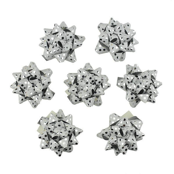Self-Adhesive Pre-tied Star Bows, 2-Inch, 25-Piece, White/ Metallic Silver Dots