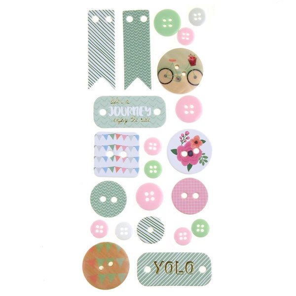 Button and Banner Scrapbooking Stickers, Mint Journey, 22-Piece