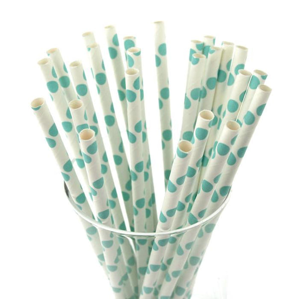 Large Dots Paper Straws, 7-3/4-inch, 25-Piece, Light Blue/White