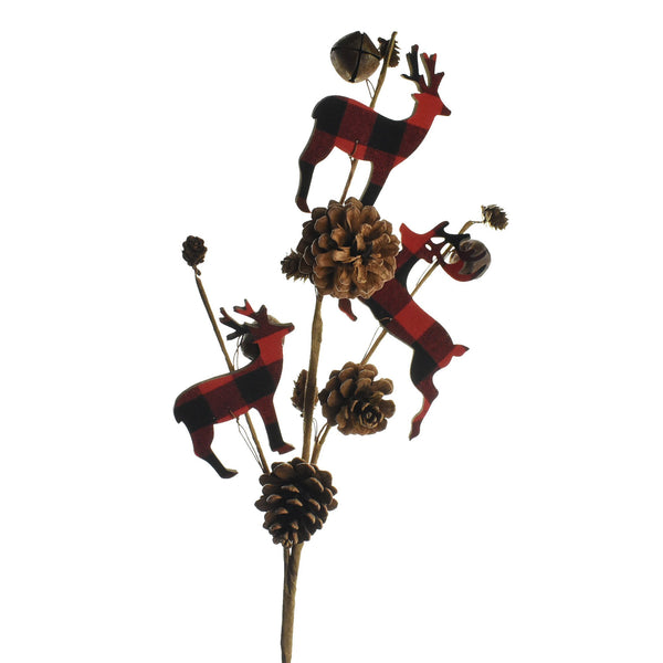 Buffalo Plaid Deer, Bells and Acorn Branch Spray, 28-Inch