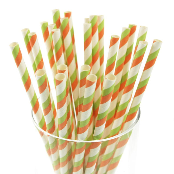 Candy Striped Paper Straws, 7-3/4-inch, 25-Piece, Coral/Apple Green/White