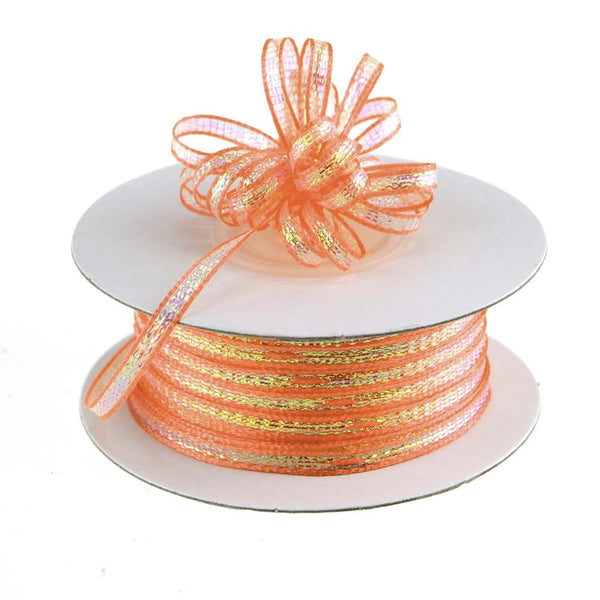 Iridescent Pull Bow Christmas Ribbon, 1/8-Inch, 50 Yards, Coral