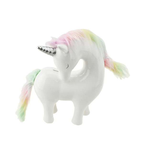 Ceramic Unicorn With Rainbow Hair Coin Bank, 9-Inch, White
