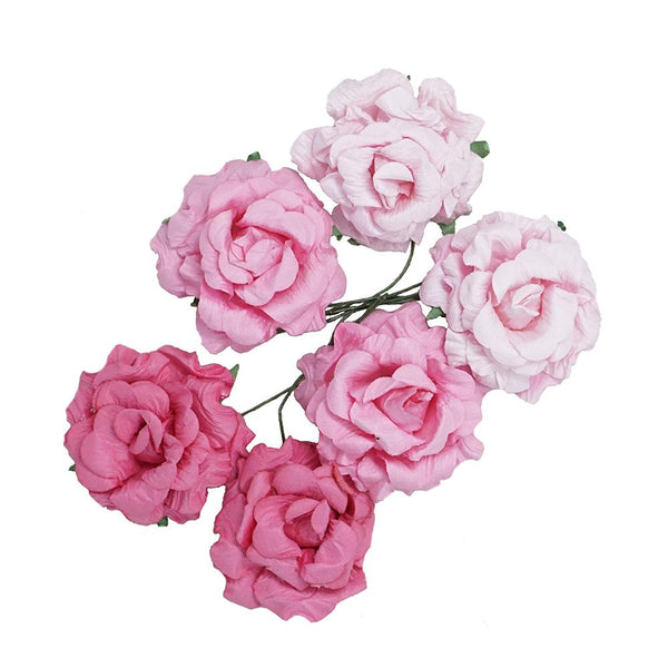 Handmade Paper Open Rose Embellishments, 1-1/2-Inch, 6-Count, Pink