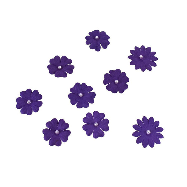 Handmade Paper Floral Embellishments With Pearls, 1-Inch, 32-Piece, Purple